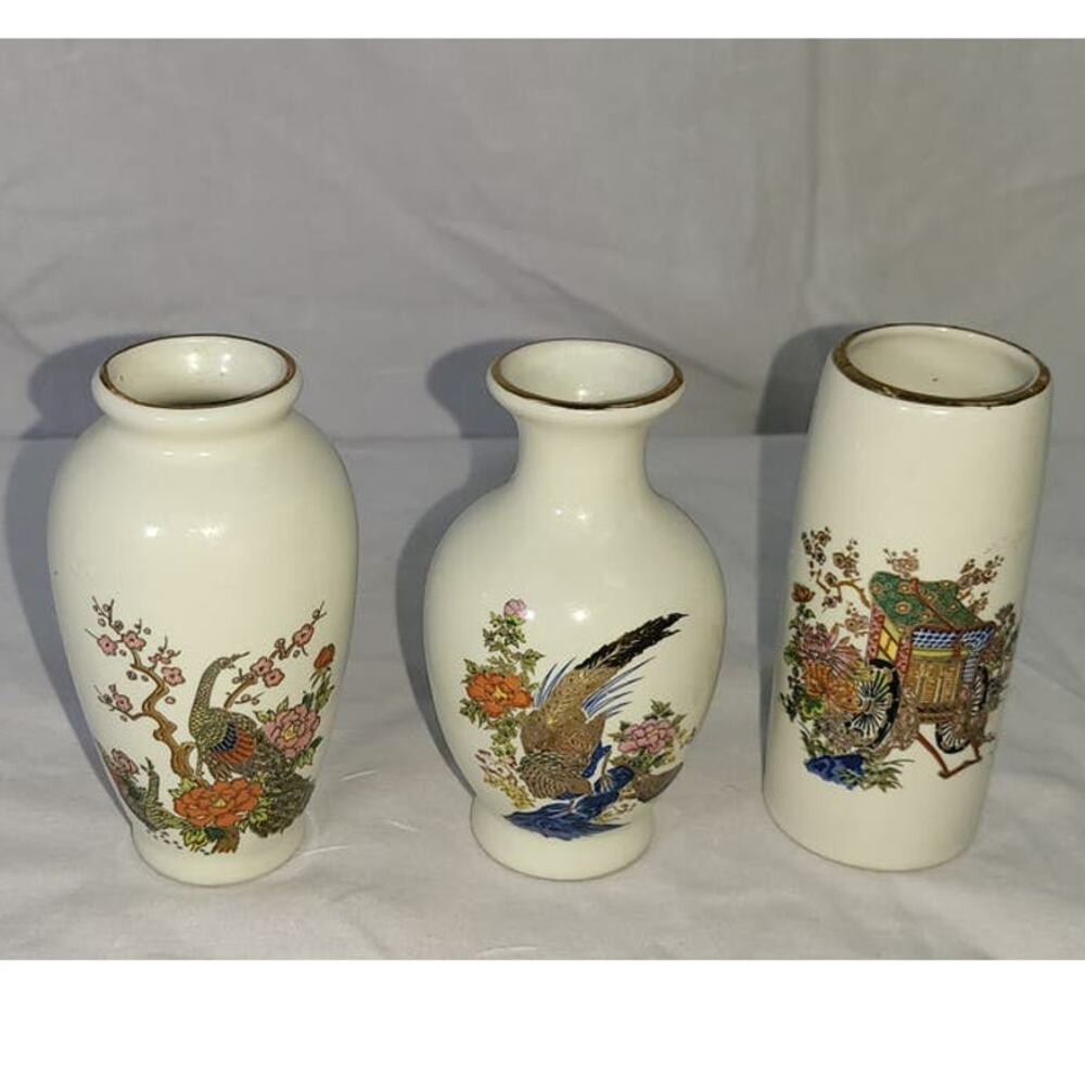 Vintage Japanese Ceramic Mini Vases Peacock Floral Set of 3 6in